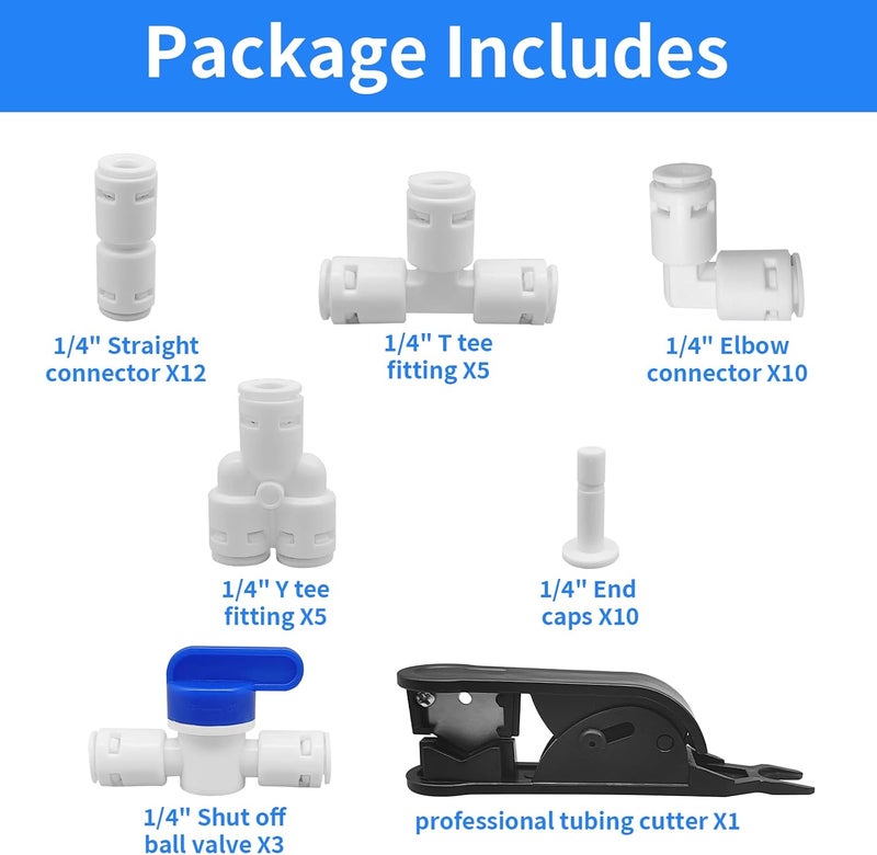 Sweezwon Water Tube Fittings Kit, 1/4" OD Quick Connect Push to Connect Fittings for RO/DI Water Filter System (Ball Valve+ T+ I+ L+ Y+ Professional Tubing Cutter, 46Pcs) - Image 2